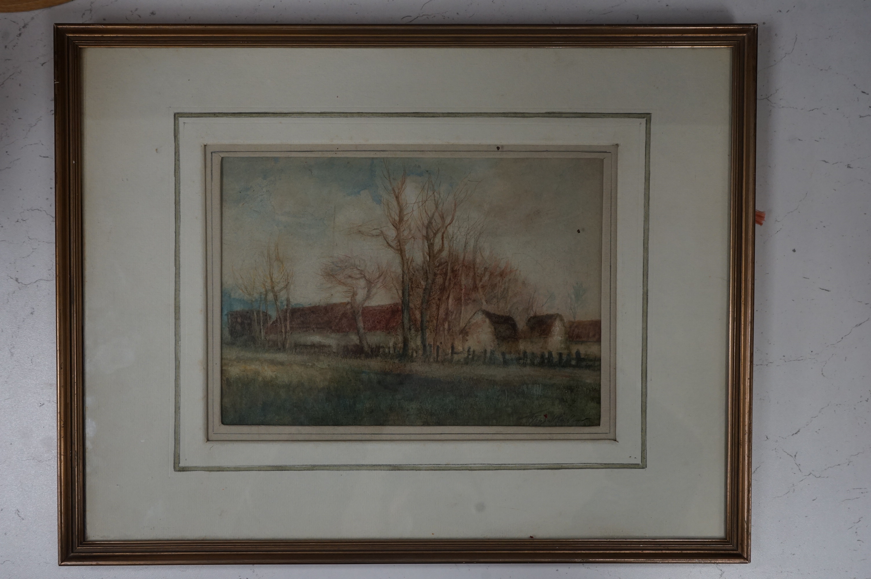 Late 19th / early 20th century watercolour, Study of farm buildings, indistinctly signed possibly by William Tatton Winter, RBA (1855-1928), 18 x 25cm. Condition - fair